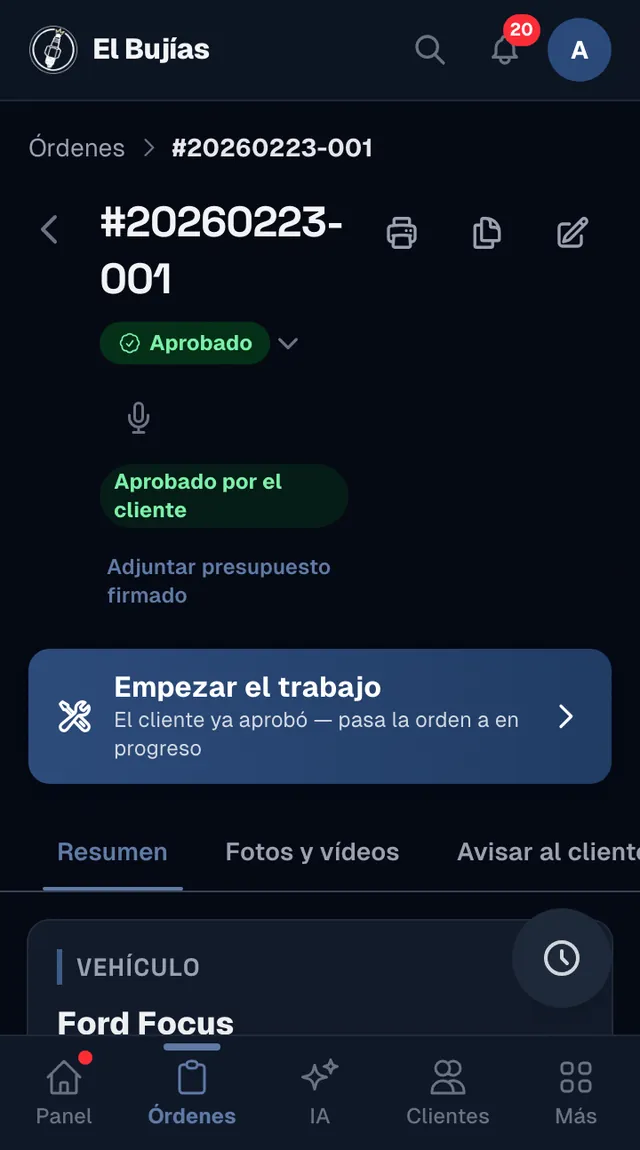 Una orden aprobada por el cliente en el móvil, con el aviso para empezar el trabajo
