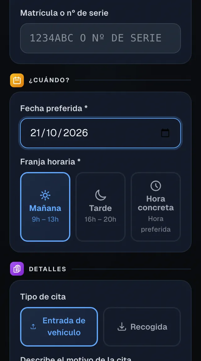 La página para pedir cita en el móvil del cliente: la fecha preferida, la franja de mañana, tarde u hora concreta, y si viene a dejar o a recoger el vehículo
