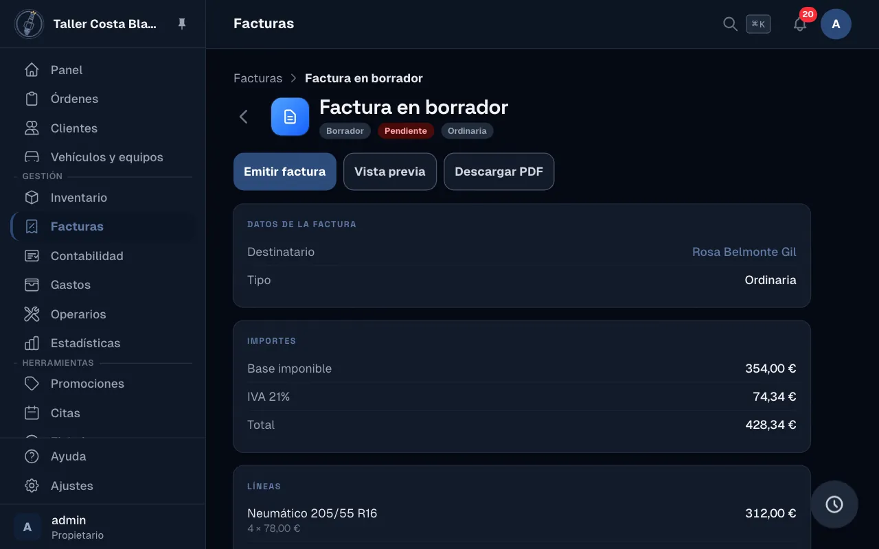 Una factura en borrador en el ordenador: el cliente, la base imponible, el IVA del 21 %, el total y las líneas de la orden