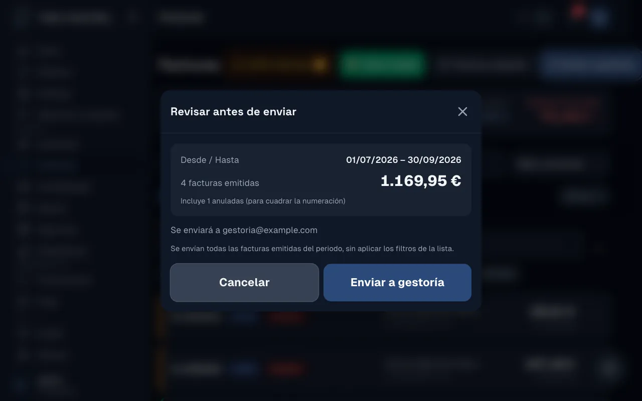El envío a la gestoría en el ordenador: las facturas del trimestre, su total y el email de la gestoría, antes de enviar