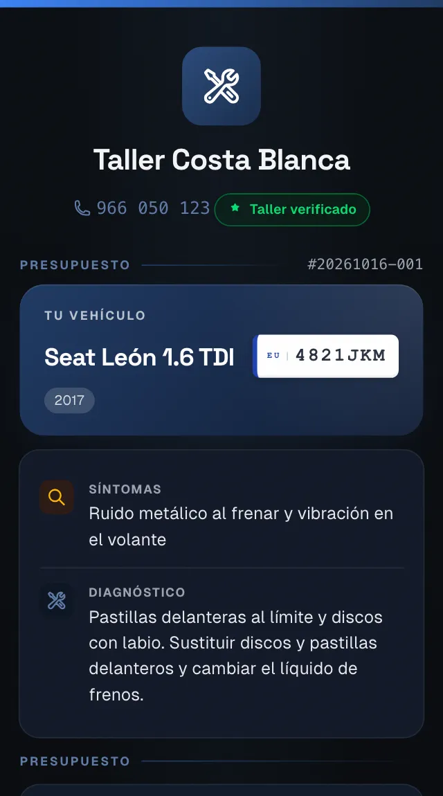 El presupuesto que abre el cliente en su móvil: el taller, el vehículo con su matrícula, los síntomas y el diagnóstico