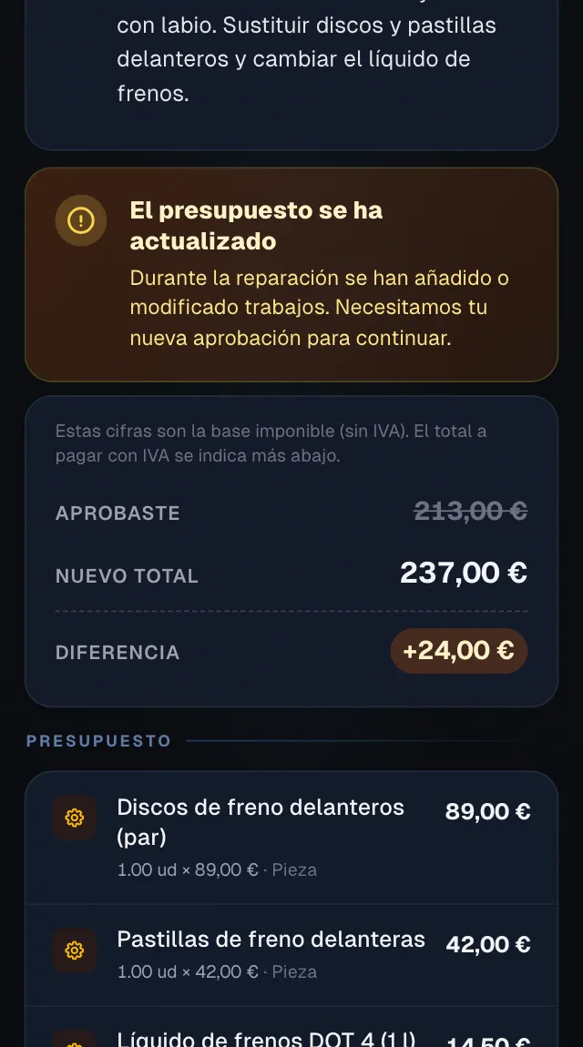 El aviso «El presupuesto se ha actualizado» en el móvil del cliente: lo que aprobó tachado, el nuevo total y la diferencia