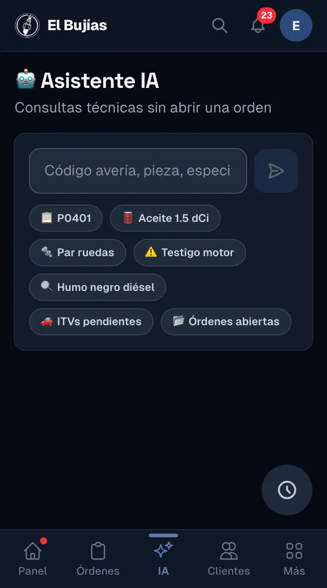 El Asistente IA en el móvil: el campo de pregunta y atajos como «ITVs pendientes» y «Órdenes abiertas»