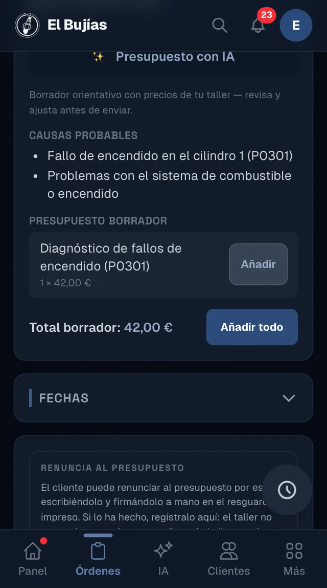 El presupuesto con IA en el móvil: las causas probables de un fallo de encendido P0301, una línea de diagnóstico con su precio y el botón «Añadir todo»