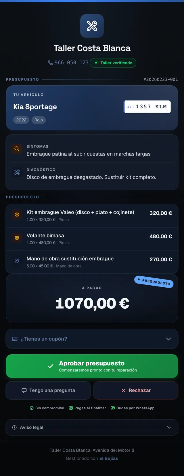 El presupuesto que el cliente abre y aprueba desde su móvil