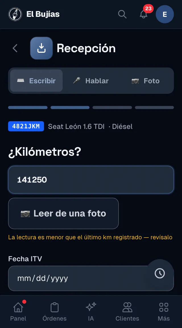 El paso de kilómetros de la recepción en el móvil: el botón «Leer de una foto» y el aviso de que la lectura es menor que el último kilómetro registrado